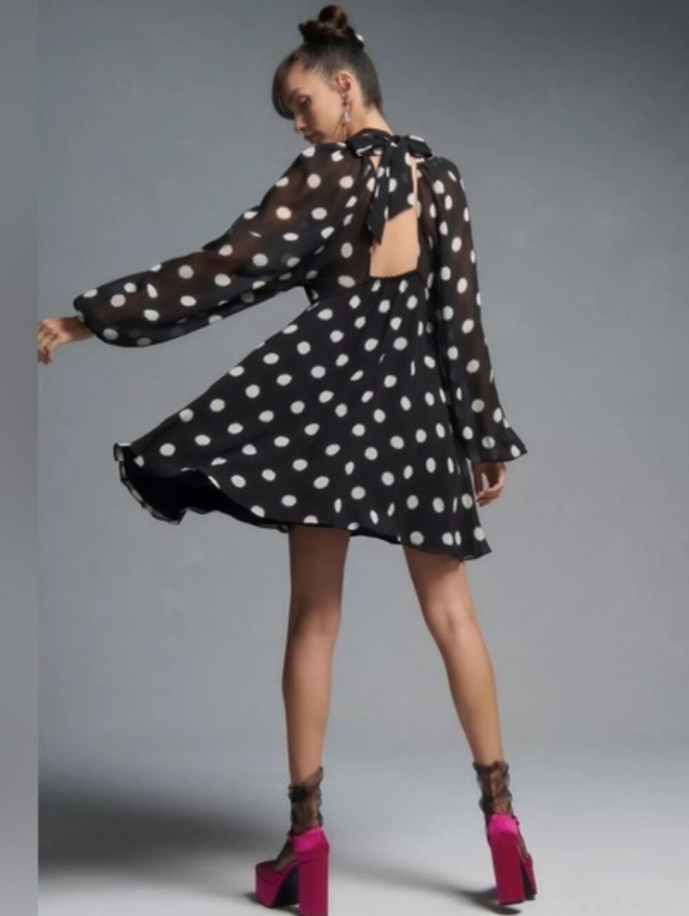 Maeve Anthropologie Sheer Polka Dot Swing Mini Dress Black White Long Sleeve XSP